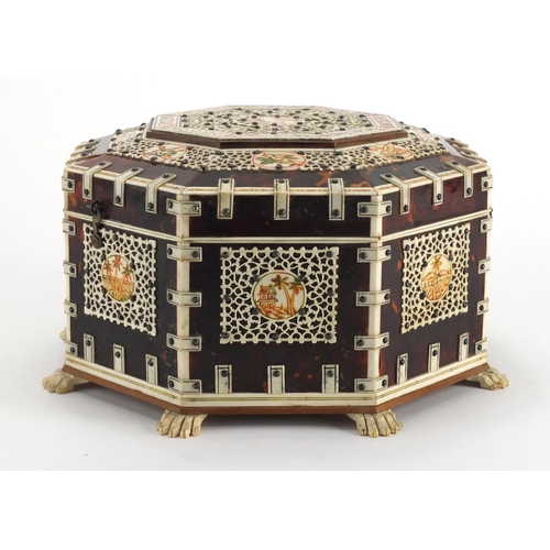 738 - 19th century Vizagapatam ivory and tortoiseshell octagonal dressing table box, with applied engraved... 