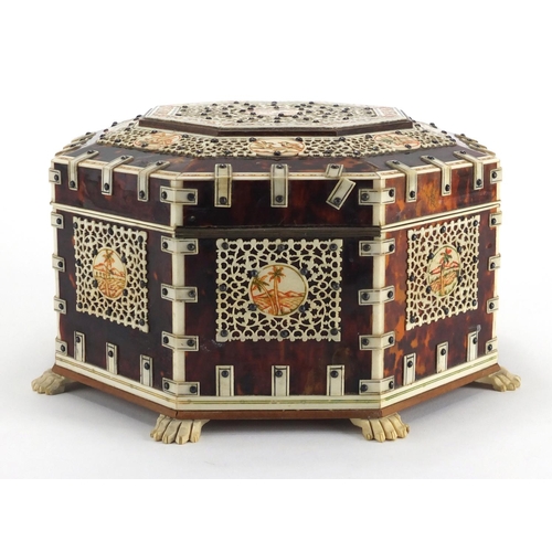 738 - 19th century Vizagapatam ivory and tortoiseshell octagonal dressing table box, with applied engraved... 