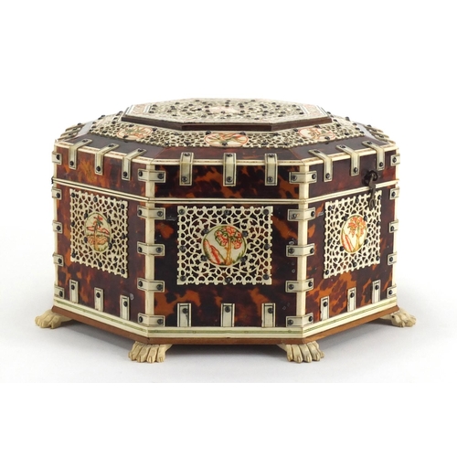 738 - 19th century Vizagapatam ivory and tortoiseshell octagonal dressing table box, with applied engraved... 