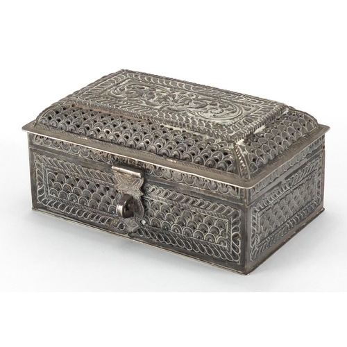 746 - Rectangular Middle Eastern silver casket, pierced embossed with flowers, impressed marks and paper l... 