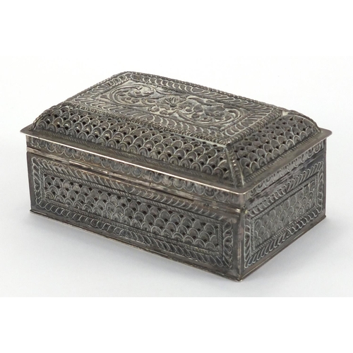 746 - Rectangular Middle Eastern silver casket, pierced embossed with flowers, impressed marks and paper l... 