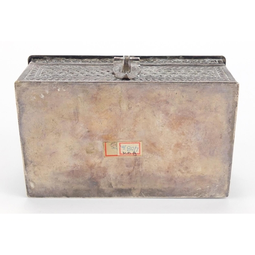 746 - Rectangular Middle Eastern silver casket, pierced embossed with flowers, impressed marks and paper l... 