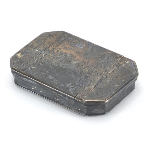 19 - Antique Continental silver snuff box, the hinged lid with engraved decoration, indistinct impressed ... 