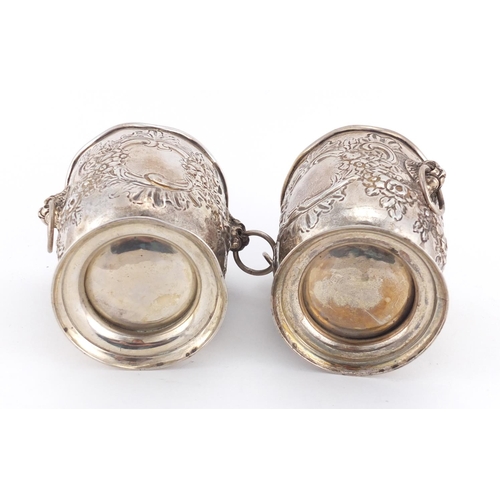 182 - Pair of Victorian silver miniature ice buckets, embossed with flowers and lion mask ring handles, by... 