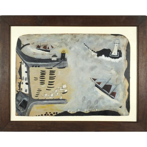 1486 - Manner of Alfred Wallis - Harbour scene, oil on board, mounted and framed, 54cm x 37.5cm