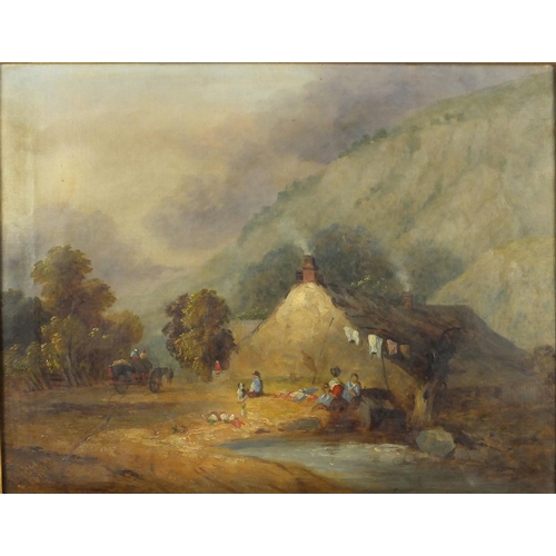 1509 - Village scene before mountains, 19th century English school, oil on canvas, mounted and framed, 43.5... 