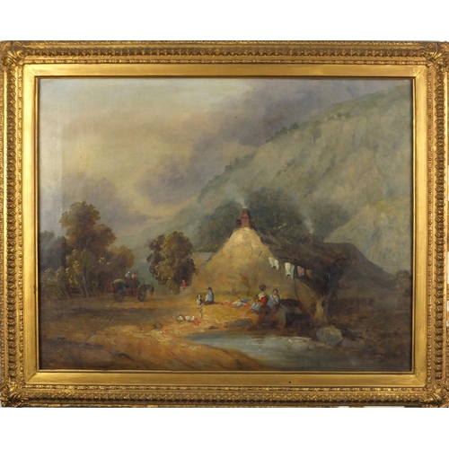 1509 - Village scene before mountains, 19th century English school, oil on canvas, mounted and framed, 43.5... 