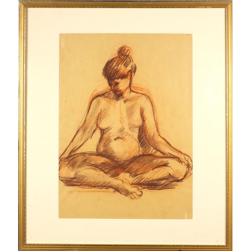 1505 - Seated nude female, coloured chalks, bearing an indistinct signature, mounted and framed, 42.5cm x 3... 