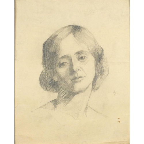 1487 - Head and shoulders portrait of a female, pencil on paper, bearing a monogram E J P, framed, 41cm x 3... 