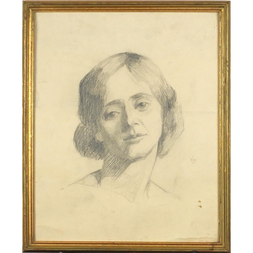 1487 - Head and shoulders portrait of a female, pencil on paper, bearing a monogram E J P, framed, 41cm x 3... 