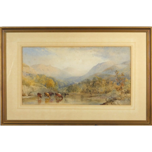 1494 - C Pearson 1873 - Cattle in water before mountains, watercolour, mounted and framed, 52,5cm x 28,5cm