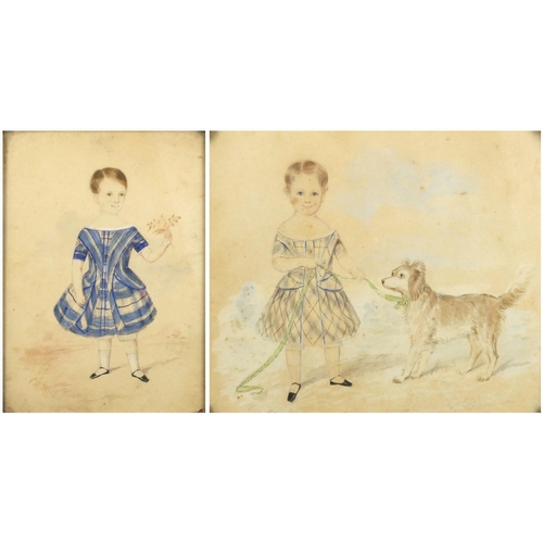 1502 - E Gibson - Portrait of a young girl with her dog and one other, two early Victorian pencil and water... 