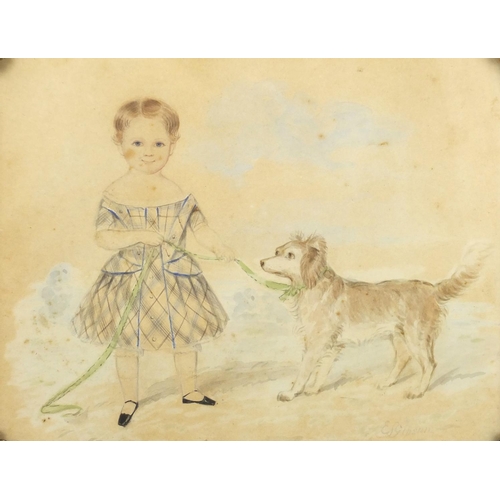 1502 - E Gibson - Portrait of a young girl with her dog and one other, two early Victorian pencil and water... 