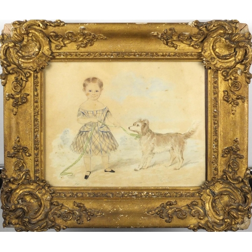 1502 - E Gibson - Portrait of a young girl with her dog and one other, two early Victorian pencil and water... 