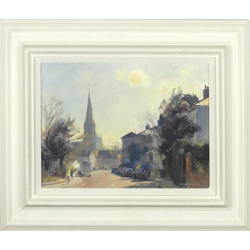 1286 - Trevor Chamberlain 1990 - Spring morning, North Road, Hertford, oil on canvas, inscriptions and labe... 