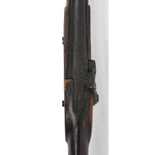 491 - 19th century percussion musket, the barrel with indistinct engraved letters and numbers, 123cm in le... 