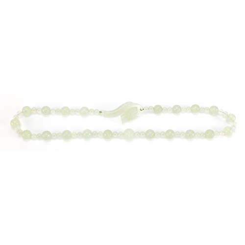 703 - Chinese pale green jade bead necklace, housed in a velvet lined box, 62cm in length