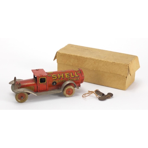 507 - Vintage Tin plate clock work Shell motor spirit truck, with box, 10cm in length