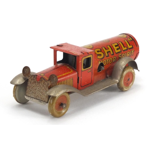 507 - Vintage Tin plate clock work Shell motor spirit truck, with box, 10cm in length