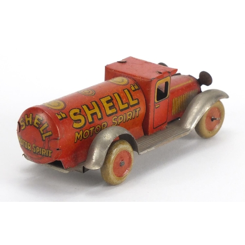 507 - Vintage Tin plate clock work Shell motor spirit truck, with box, 10cm in length