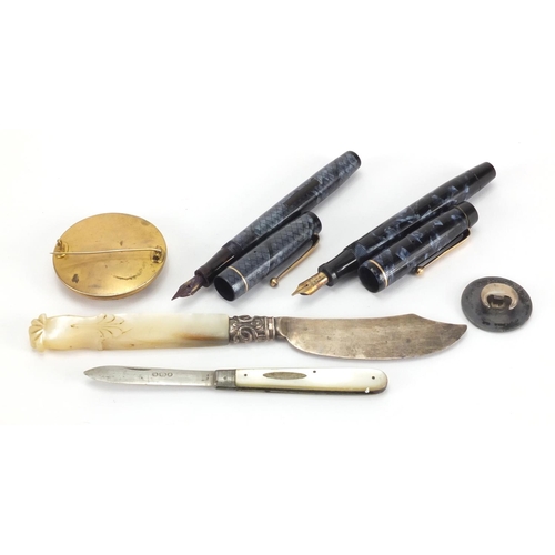 39 - Antique and later objects including Swan self filler blue snake skin fountain pen, Parker Victory fo... 