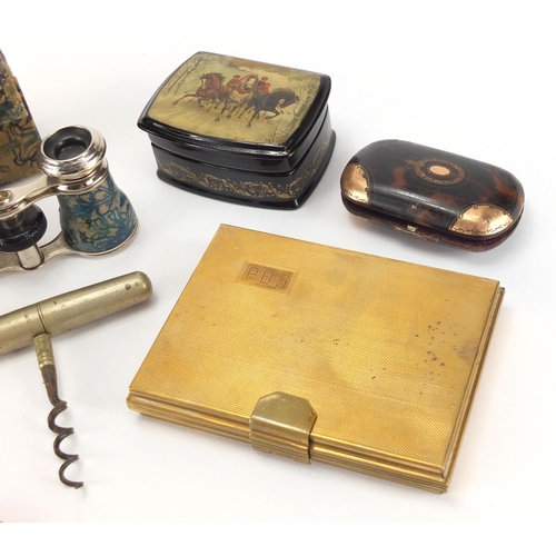 35 - Antique and later objects including a Victorian tortoiseshell coin purse, twin handled scent bottle,... 