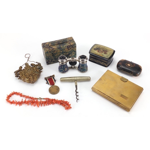 35 - Antique and later objects including a Victorian tortoiseshell coin purse, twin handled scent bottle,... 