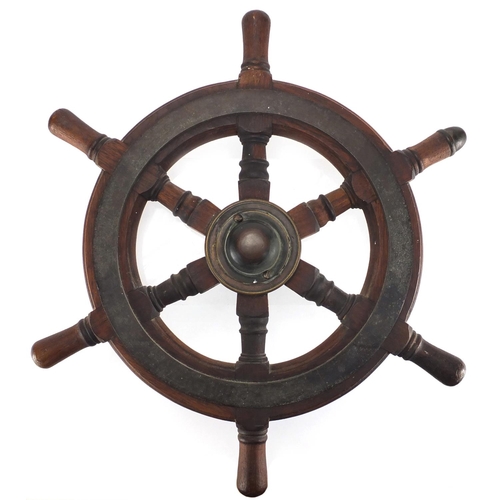 105 - Early 20th century oak ships wheel with brass mounts, 46cm in diameter