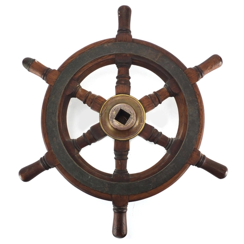 105 - Early 20th century oak ships wheel with brass mounts, 46cm in diameter