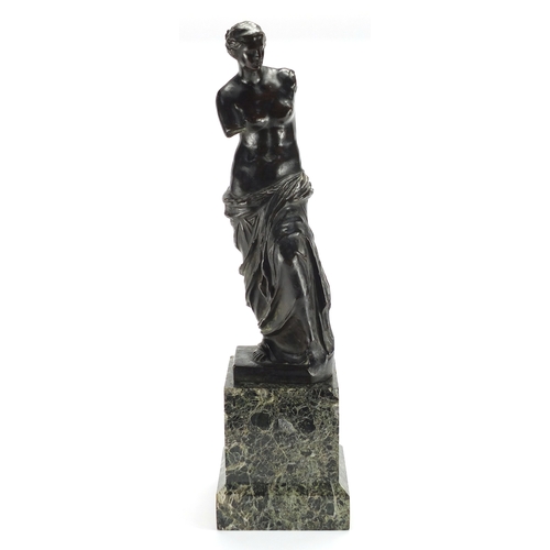 81 - Antique patinated classical bronze study of Venus de Milo, raised on square green marble plinth, ove... 