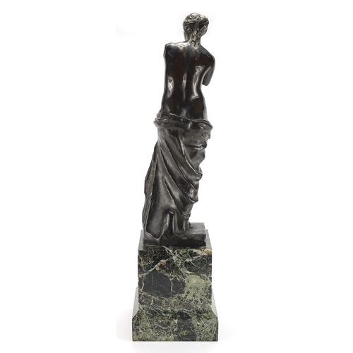 81 - Antique patinated classical bronze study of Venus de Milo, raised on square green marble plinth, ove... 