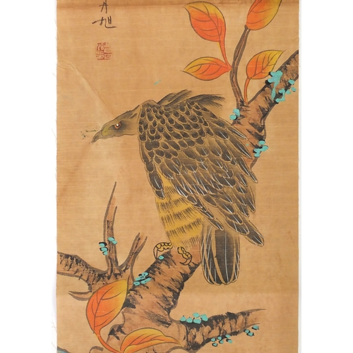 727 - Set of four Chinese scrolls, each hand painted with birds of Paradise, with script and red seal mark... 