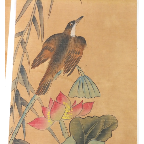 727 - Set of four Chinese scrolls, each hand painted with birds of Paradise, with script and red seal mark... 