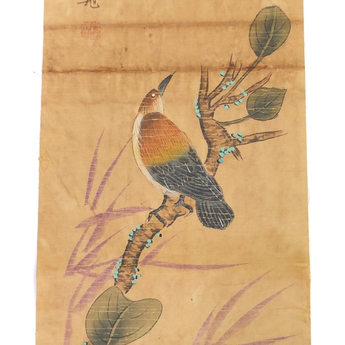 727 - Set of four Chinese scrolls, each hand painted with birds of Paradise, with script and red seal mark... 