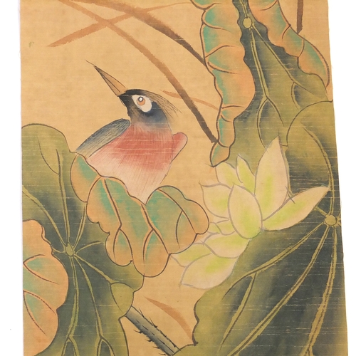 727 - Set of four Chinese scrolls, each hand painted with birds of Paradise, with script and red seal mark... 