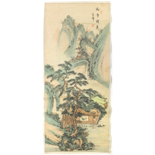 728 - Chinese scroll hand painted with a gentlemen gathering in a pagoda amongst pines, with script and re... 