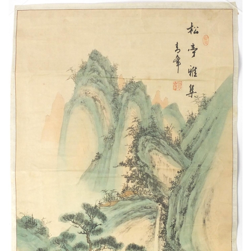 728 - Chinese scroll hand painted with a gentlemen gathering in a pagoda amongst pines, with script and re... 