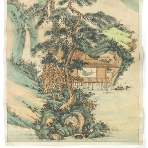 728 - Chinese scroll hand painted with a gentlemen gathering in a pagoda amongst pines, with script and re... 