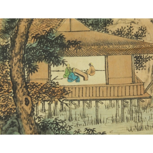 728 - Chinese scroll hand painted with a gentlemen gathering in a pagoda amongst pines, with script and re... 