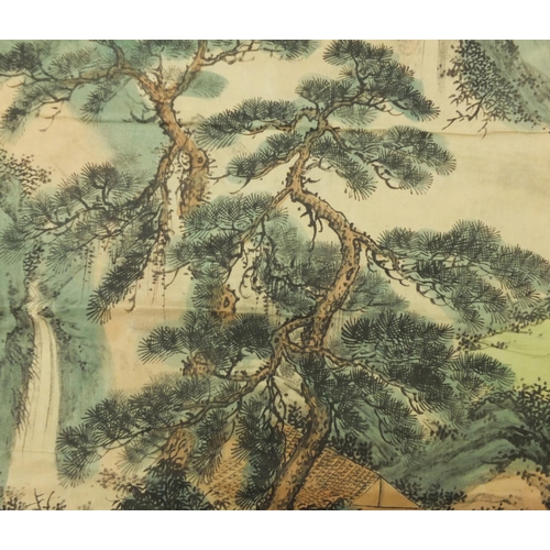 728 - Chinese scroll hand painted with a gentlemen gathering in a pagoda amongst pines, with script and re... 