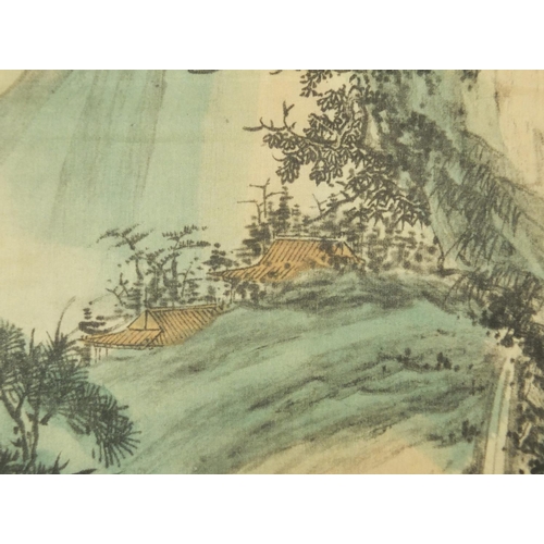 728 - Chinese scroll hand painted with a gentlemen gathering in a pagoda amongst pines, with script and re... 