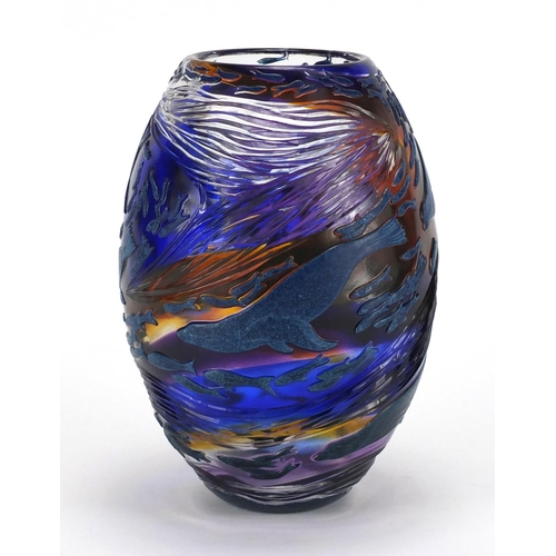 909 - Large Helen Millard cameo glass vase of ovoid form, titled 'The Chase, Fish Swirl', etched Helen Mil... 