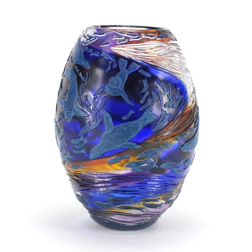 909 - Large Helen Millard cameo glass vase of ovoid form, titled 'The Chase, Fish Swirl', etched Helen Mil... 