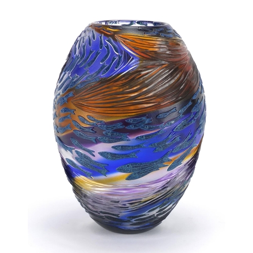 910 - Helen Millard cameo glass vase of ovoid form, titled 'Fish Swirl', etched Helen Millard 2006 to the ... 