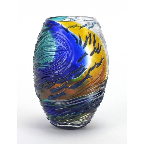 911 - Helen Millard cameo glass vase of ovoid form, decorated with fish, etched Helen Millard 2007 to the ... 