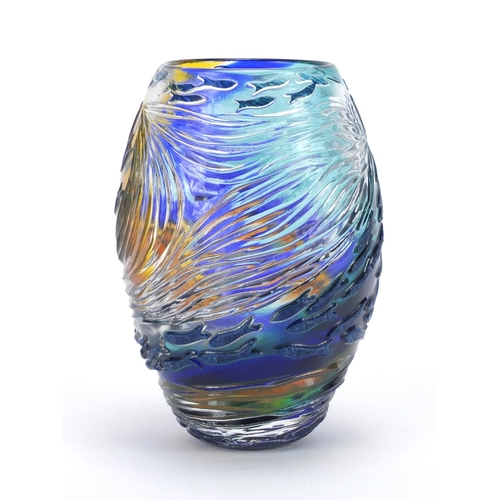 911 - Helen Millard cameo glass vase of ovoid form, decorated with fish, etched Helen Millard 2007 to the ... 