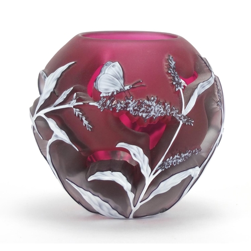 912 - Helen Millard cameo glass vase, decorated with insects and leaves, etched Helen Millard 2007 to the ... 