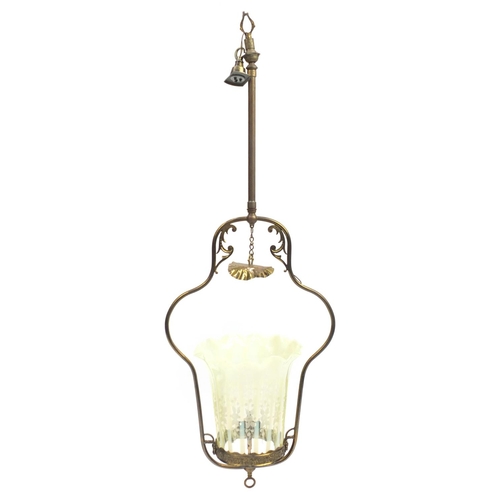 914 - Large Art Nouveau Vaseline glass light shade etched with flowers, housed in a brass hanging pendant ... 