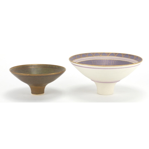 988 - Two Bridget Drakeford Studio pottery footed bowls, incised marks around the rims, the largest 18cm i... 