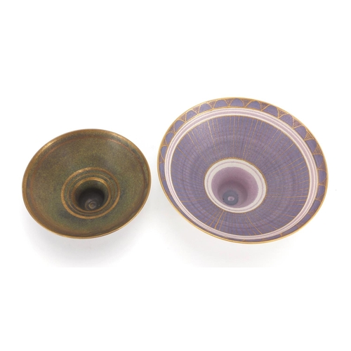 988 - Two Bridget Drakeford Studio pottery footed bowls, incised marks around the rims, the largest 18cm i... 